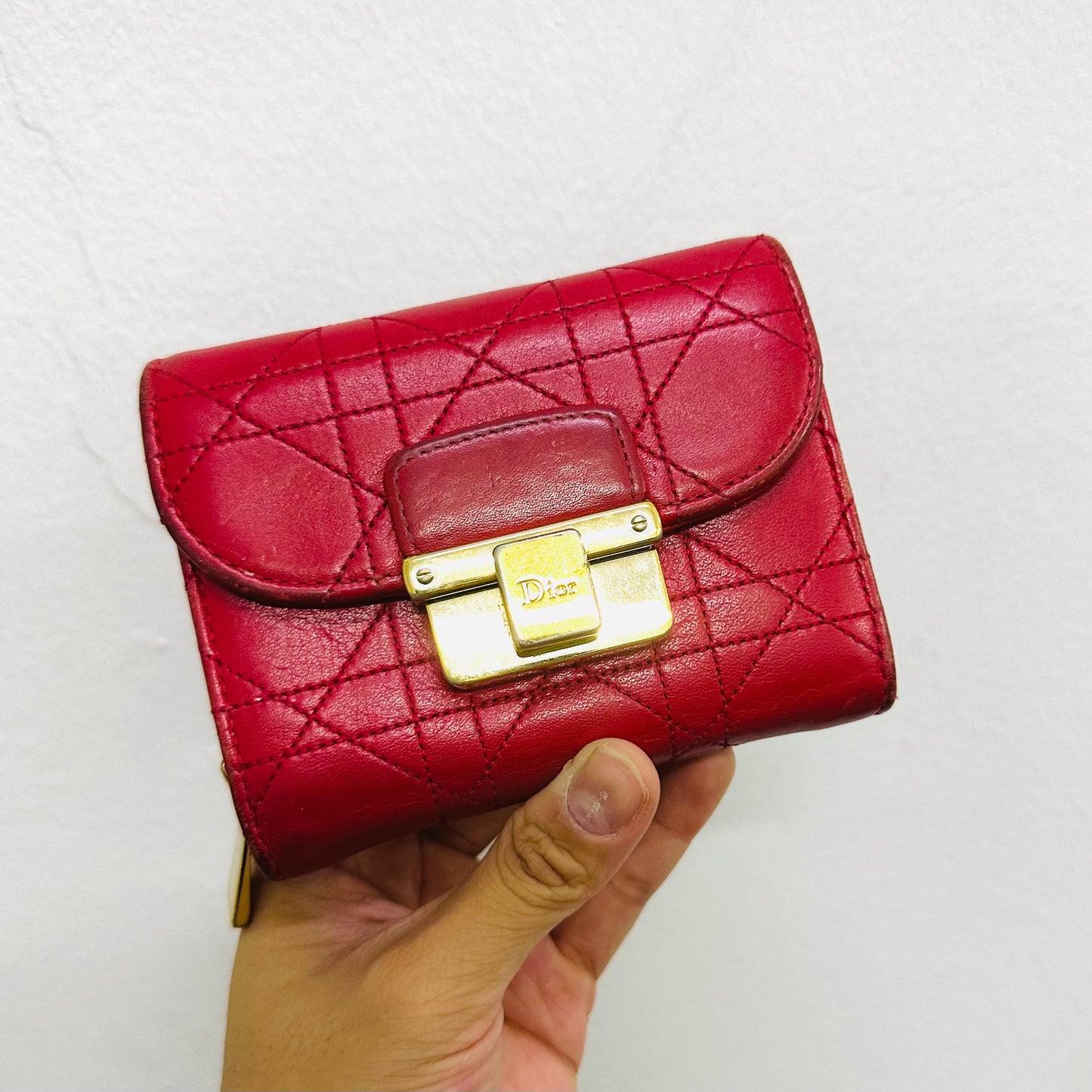 Christian Dior CD Cherry Red GHW Miss Dior Diorling Addict Cannage Quilted Lambskin Flap Monogram Logo Compact Wallet