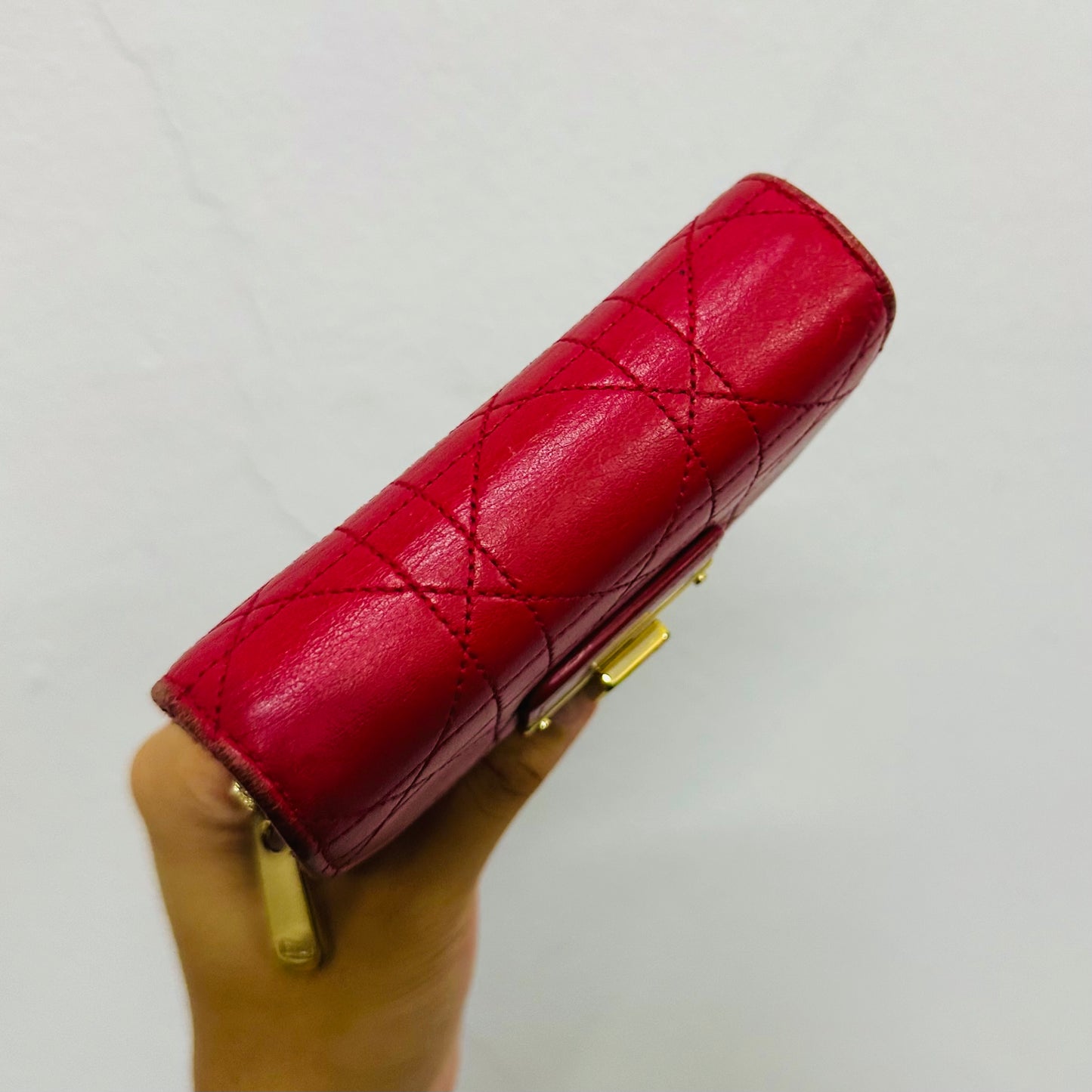 Christian Dior CD Cherry Red GHW Miss Dior Diorling Addict Cannage Quilted Lambskin Flap Monogram Logo Compact Wallet