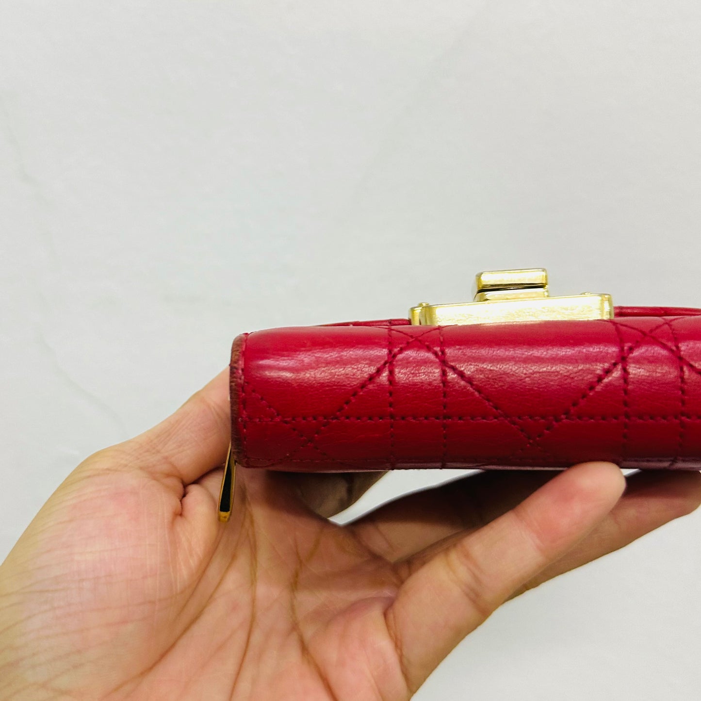 Christian Dior CD Cherry Red GHW Miss Dior Diorling Addict Cannage Quilted Lambskin Flap Monogram Logo Compact Wallet