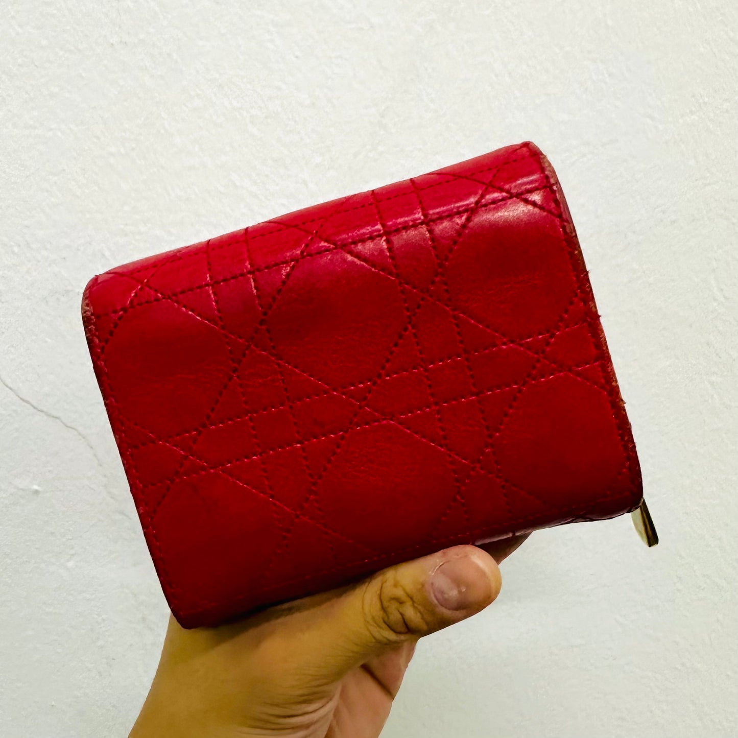 Christian Dior CD Cherry Red GHW Miss Dior Diorling Addict Cannage Quilted Lambskin Flap Monogram Logo Compact Wallet