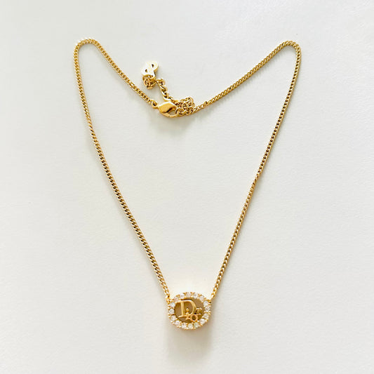 Christian Dior CD Round Gold & Crystals Classic Monogram Logo Signature Adjustable Vintage Necklace