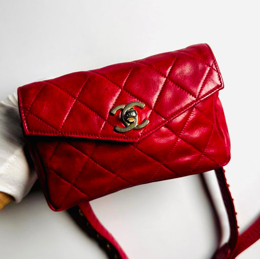 Chanel Cherry Red GHW Giant CC Logo Quilted Lambskin Turnlock 2-Way Vintage Belt Waist Shoulder Sling Bag Clutch Pouch