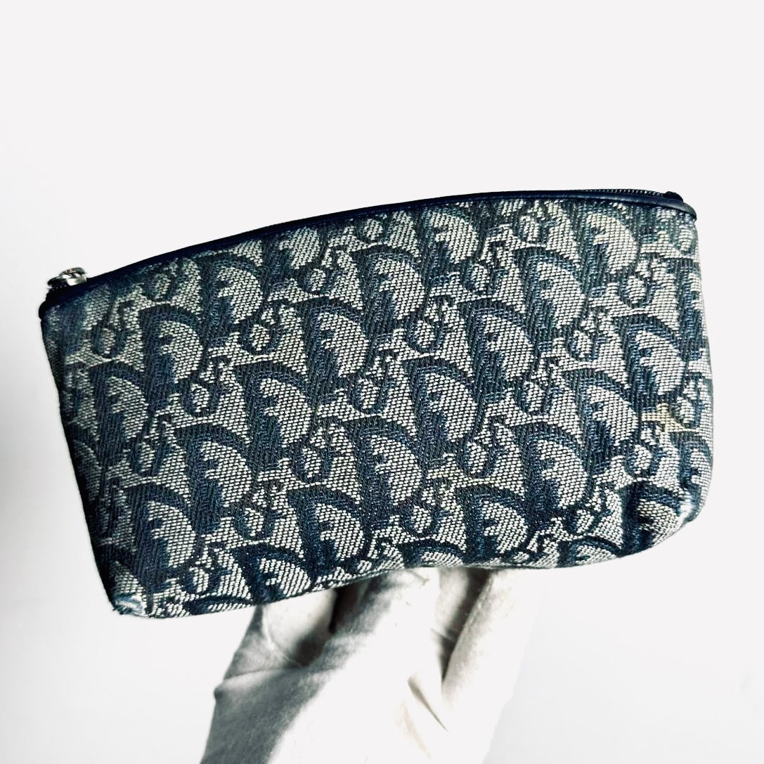 Christian Dior CD Navy Blue Oblique Monogram Logo Zip Cosmetic Toiletry Pouch Clutch Case