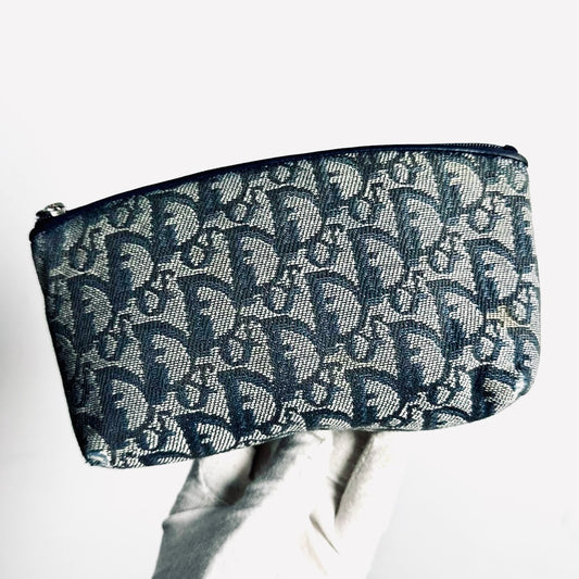 Christian Dior CD Navy Blue Oblique Monogram Logo Zip Cosmetic Toiletry Pouch Clutch Case