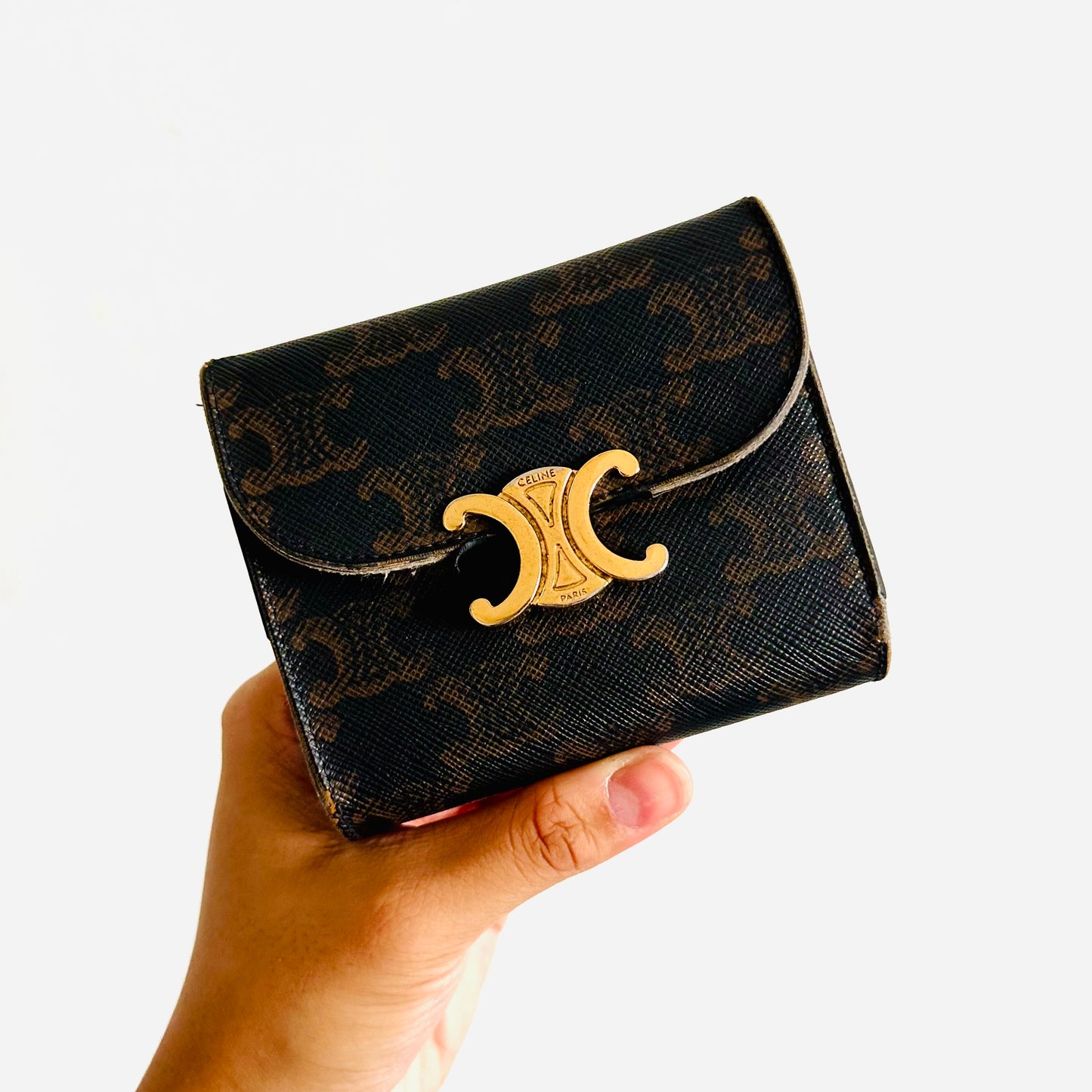 Celine Brown / Tan Triomphe & Lambskin Giant Monogram Logo GHW Logo Small Flap Compact Trifold Wallet