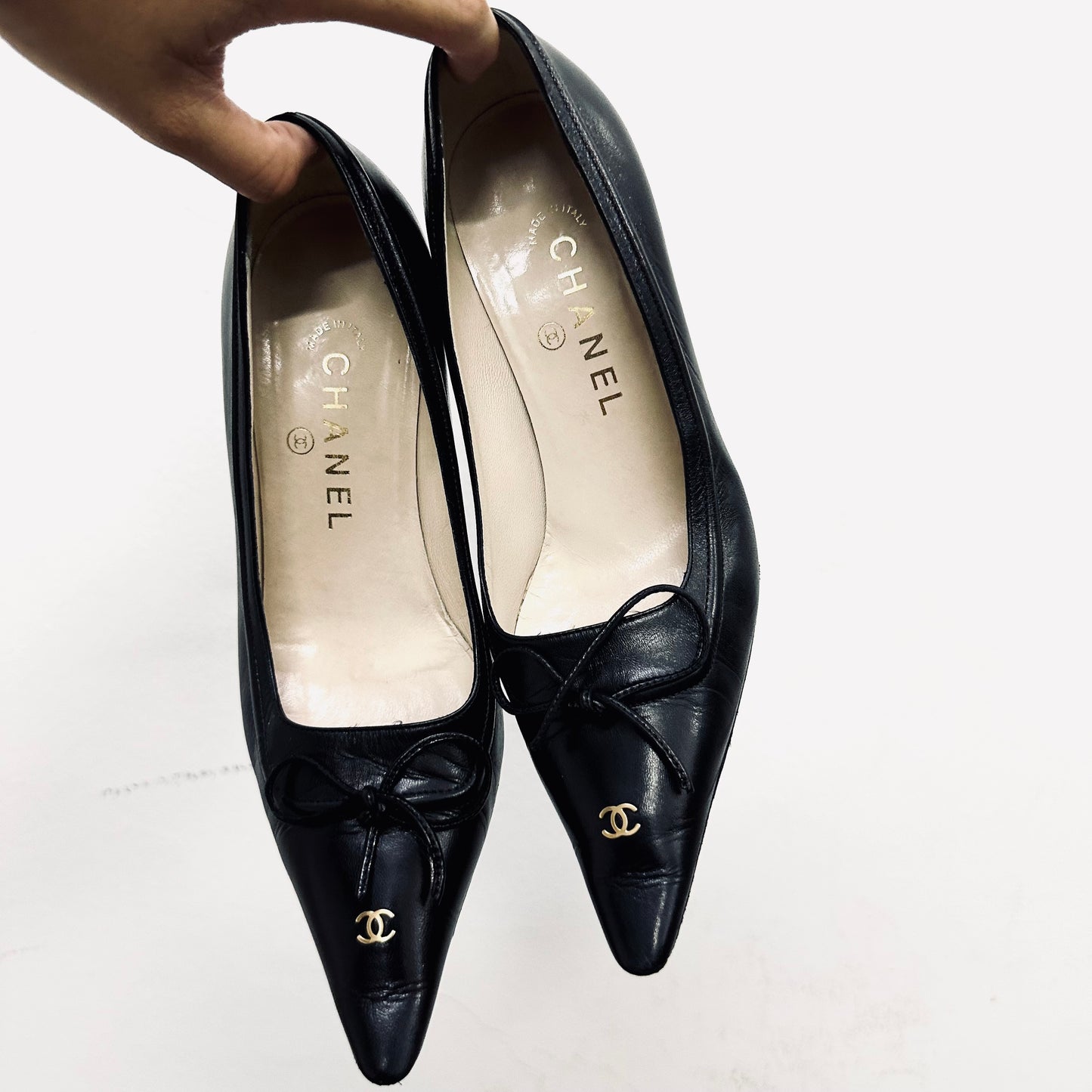 Chanel Classic Giant CC Logo Black GHW Lambskin Leather Closed Toe Bow Ballet Ballerina Mules Heels Pumps Shoes