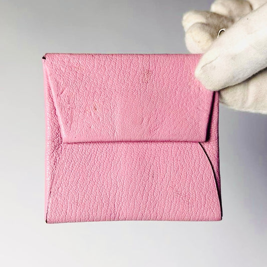 Hermes Bastia Mauve Sylvestre Pink Classic Chevre Leather Flap Coin Purse Wallet