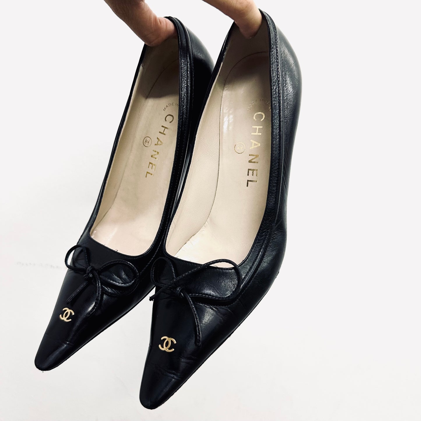 Chanel Classic Giant CC Logo Black GHW Lambskin Leather Closed Toe Bow Ballet Ballerina Mules Heels Pumps Shoes