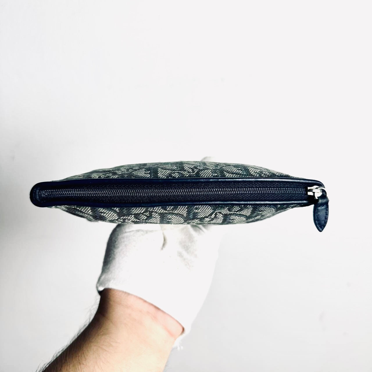 Christian Dior CD Navy Blue Oblique Monogram Logo Zip Cosmetic Toiletry Pouch Clutch Case