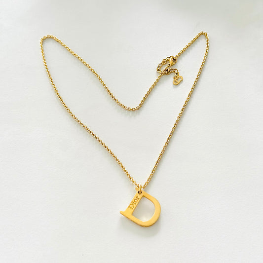 Christian Dior CD Gold Monogram Giant Logo Charm With Crystals Signature Classic Vintage Necklace