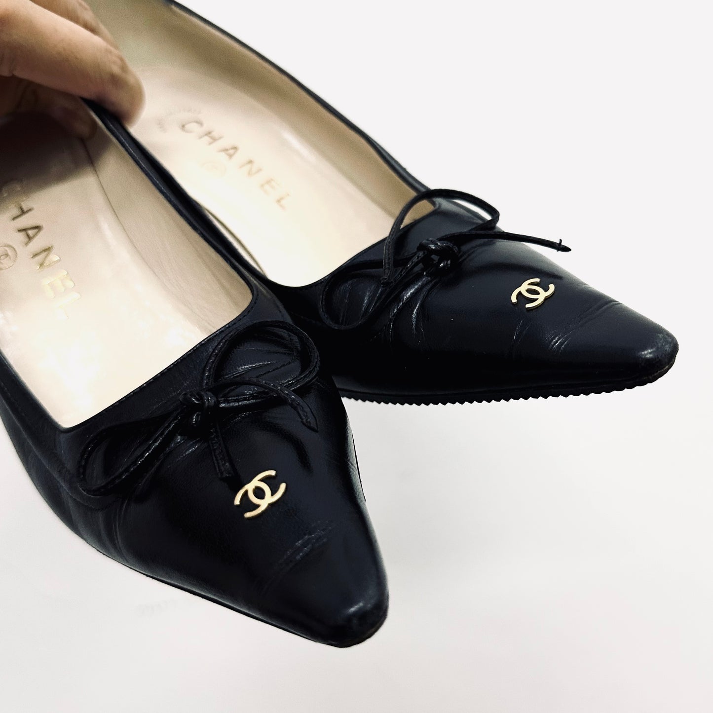 Chanel Classic Giant CC Logo Black GHW Lambskin Leather Closed Toe Bow Ballet Ballerina Mules Heels Pumps Shoes