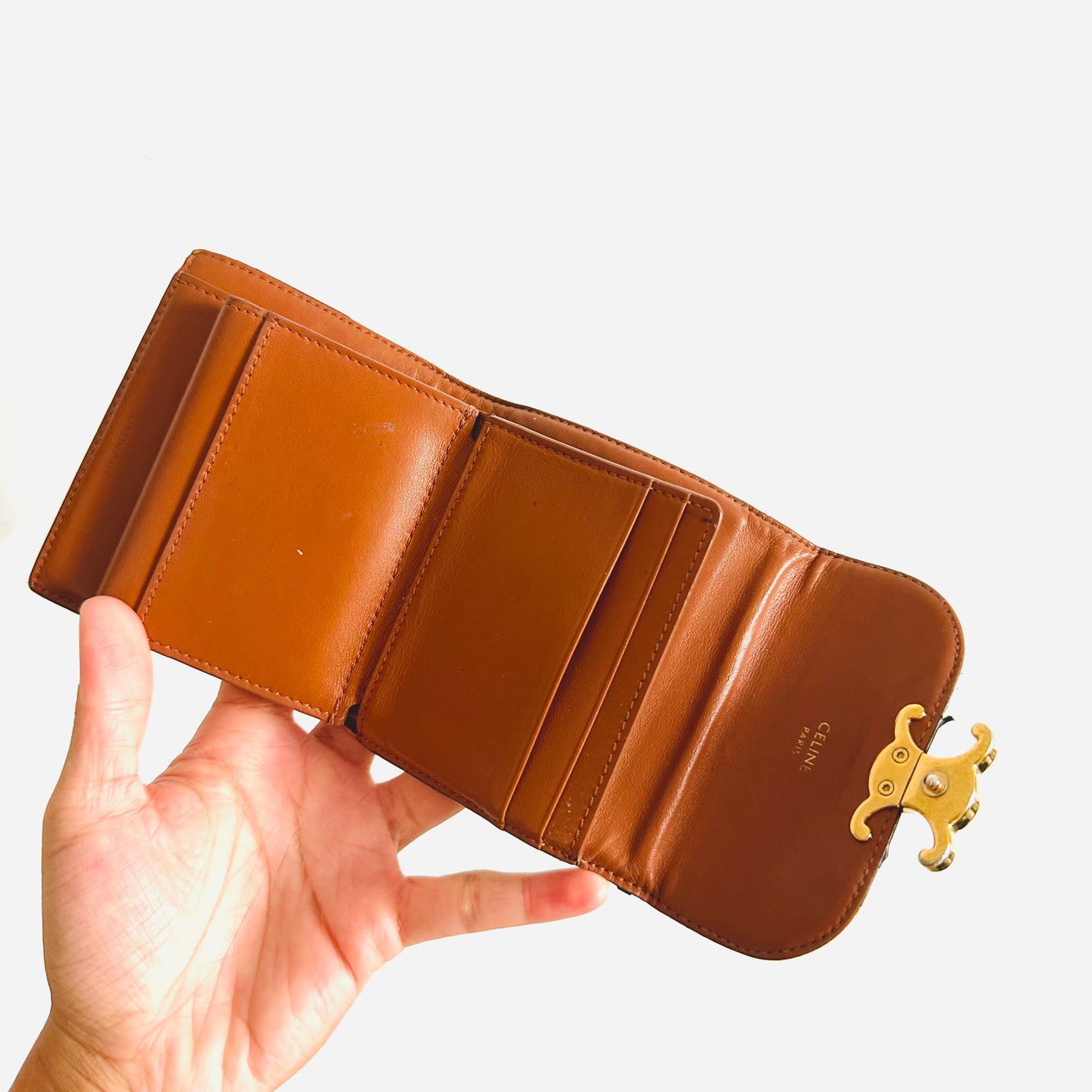 Celine Brown / Tan Triomphe & Lambskin Giant Monogram Logo GHW Logo Small Flap Compact Trifold Wallet