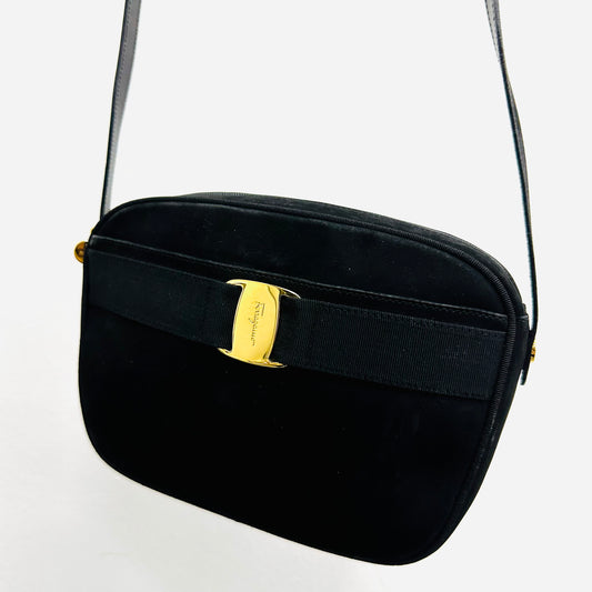 Salvatore Ferragamo Black GHW Vara Bow Camera Suede Zip Shoulder Sling Bag