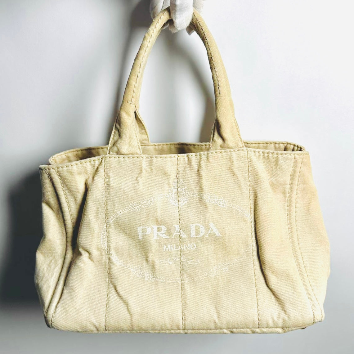 Prada Beige Cream GHW Canapa Small Monogram Logo Shopper Tote Bag