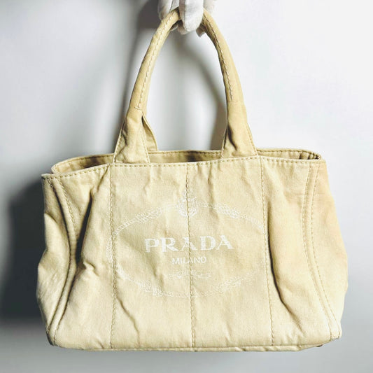 Prada Beige Cream GHW Canapa Small Monogram Logo Shopper Tote Bag