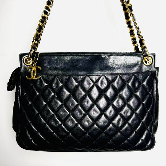Chanel Black GHW Giant CC Logo Quilted Lambskin Vintage Shoulder Sling Tote Bag 1s