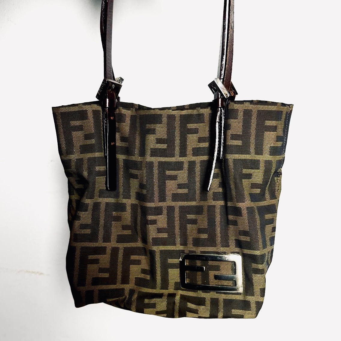 Fendi Brown FF Monogram Logo Zucca Zucchino Shopper Shoulder Tote Bag