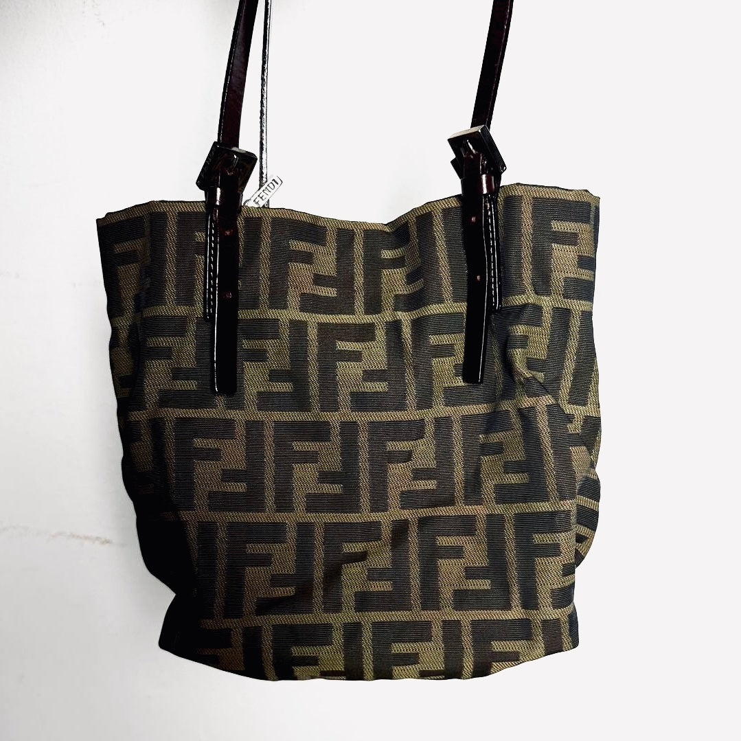 Fendi Brown FF Monogram Logo Zucca Zucchino Shopper Shoulder Tote Bag