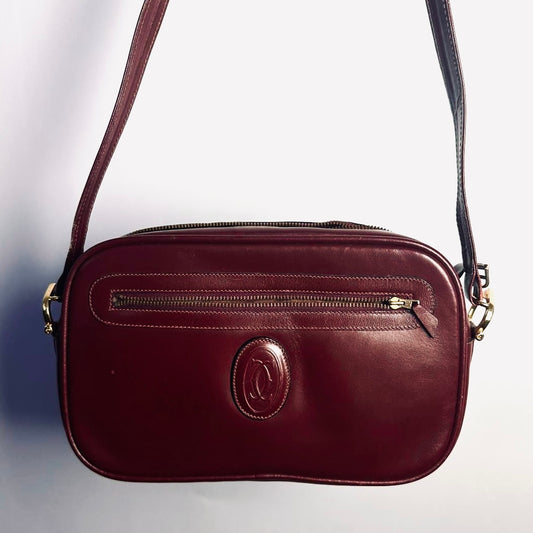 Cartier Must / Mast de Cartier Burgundy Red Maroon GHW Smooth Leather Zip East West Shoulder Sling Bag