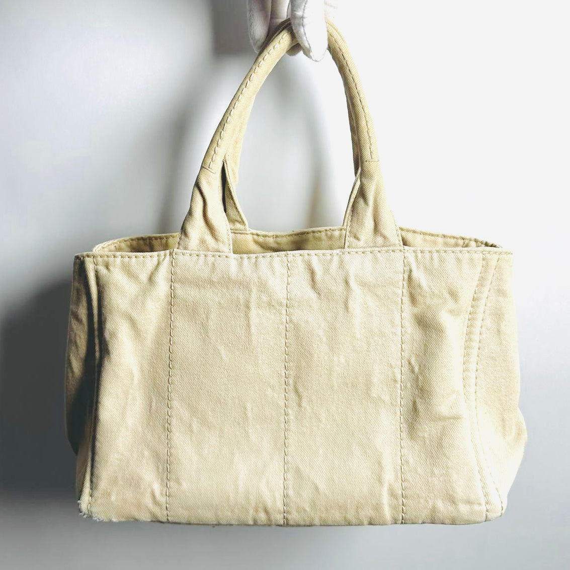 Prada Beige Cream GHW Canapa Small Monogram Logo Shopper Tote Bag