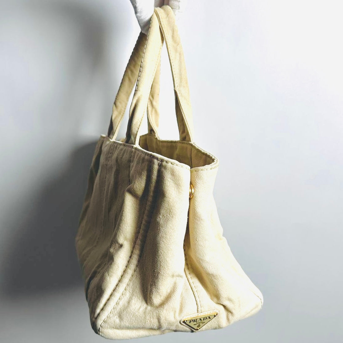 Prada Beige Cream GHW Canapa Small Monogram Logo Shopper Tote Bag