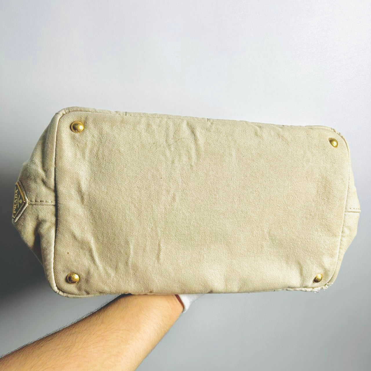 Prada Beige Cream GHW Canapa Small Monogram Logo Shopper Tote Bag