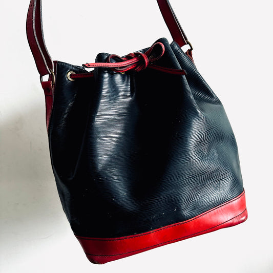 Louis Vuitton LV Black / Red GHW Epi Leather Petit Noe Logo Shoulder Sling Bucket Tote Bag