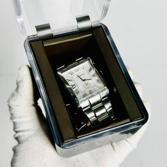 Emporio Armani White Rectangular Dial Stainless Steel 37MM Quartz Watch