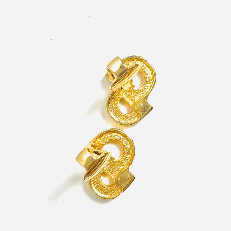 Christian Dior CD Giant Monogram Logo Gold & Crystals Clip On Earrings