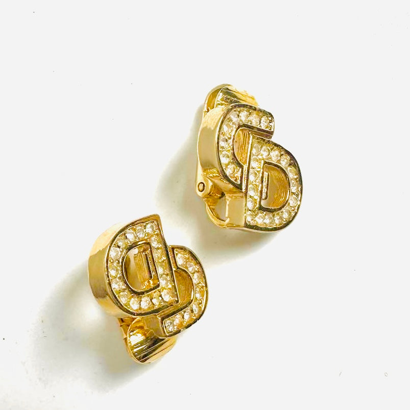 Christian Dior CD Giant Monogram Logo Gold & Crystals Clip On Earrings