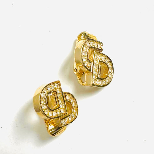 Christian Dior CD Giant Monogram Logo Gold & Crystals Clip On Earrings