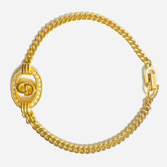 Christian Dior CD Gold & Crystals Giant Monogram Logo Chain Chunky Bracelet