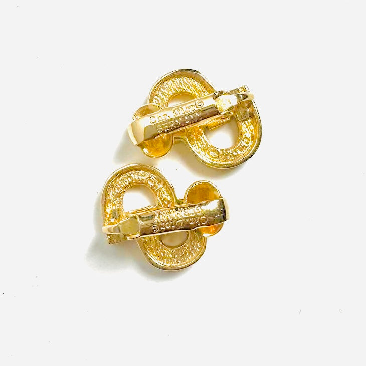 Christian Dior CD Giant Monogram Logo Gold & Crystals Clip On Earrings