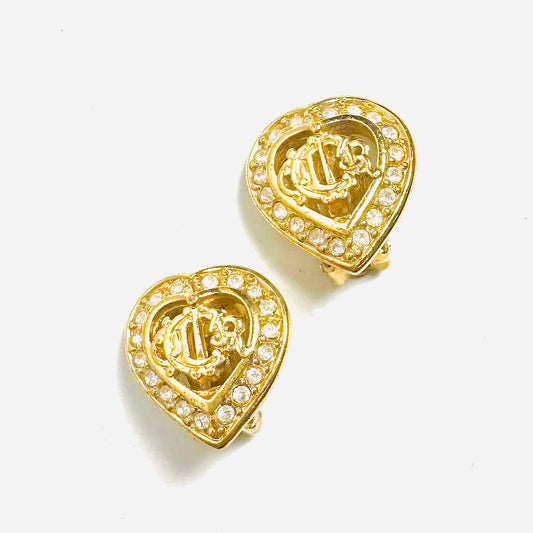 Christian Dior CD Giant Monogram Logo Gold & Crystals Heart Clip On Earrings