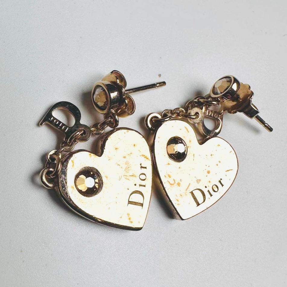 Christian Dior CD Gold Giant Heart Monogram Logo Dangling Stud Earrings
