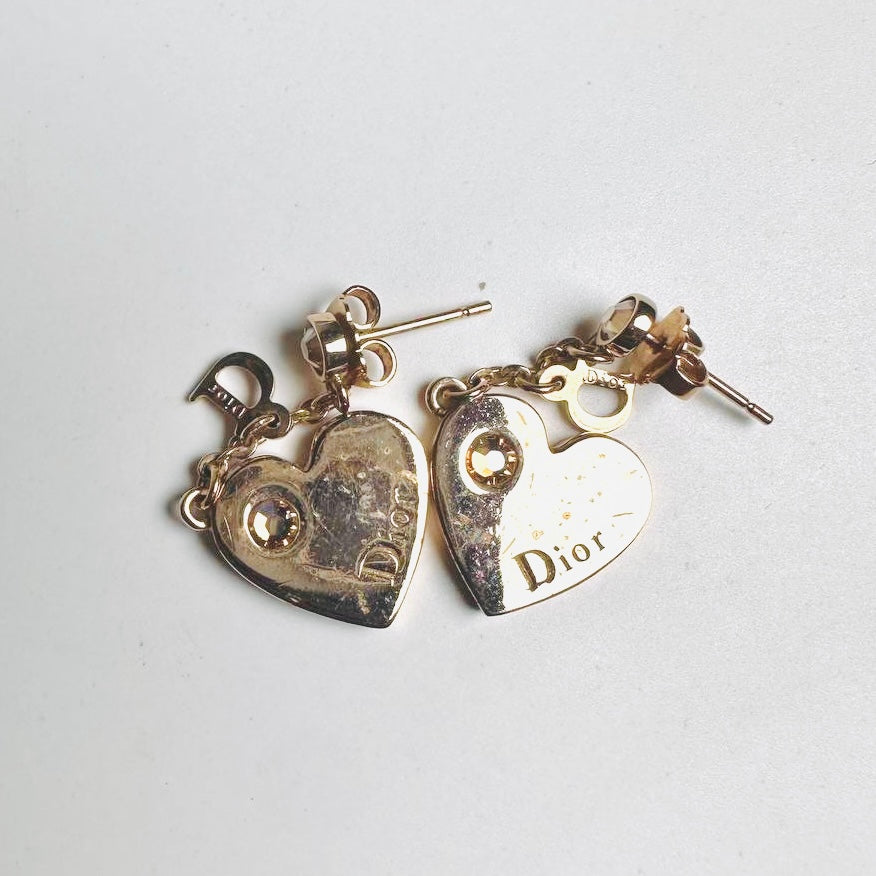 Christian Dior CD Gold Giant Heart Monogram Logo Dangling Stud Earrings