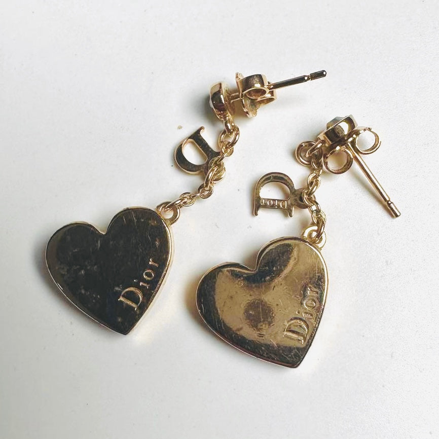 Christian Dior CD Gold Giant Heart Monogram Logo Dangling Stud Earrings