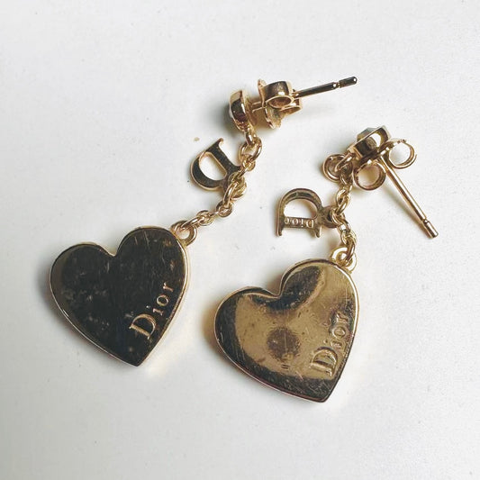 Christian Dior CD Gold Giant Heart Monogram Logo Dangling Stud Earrings