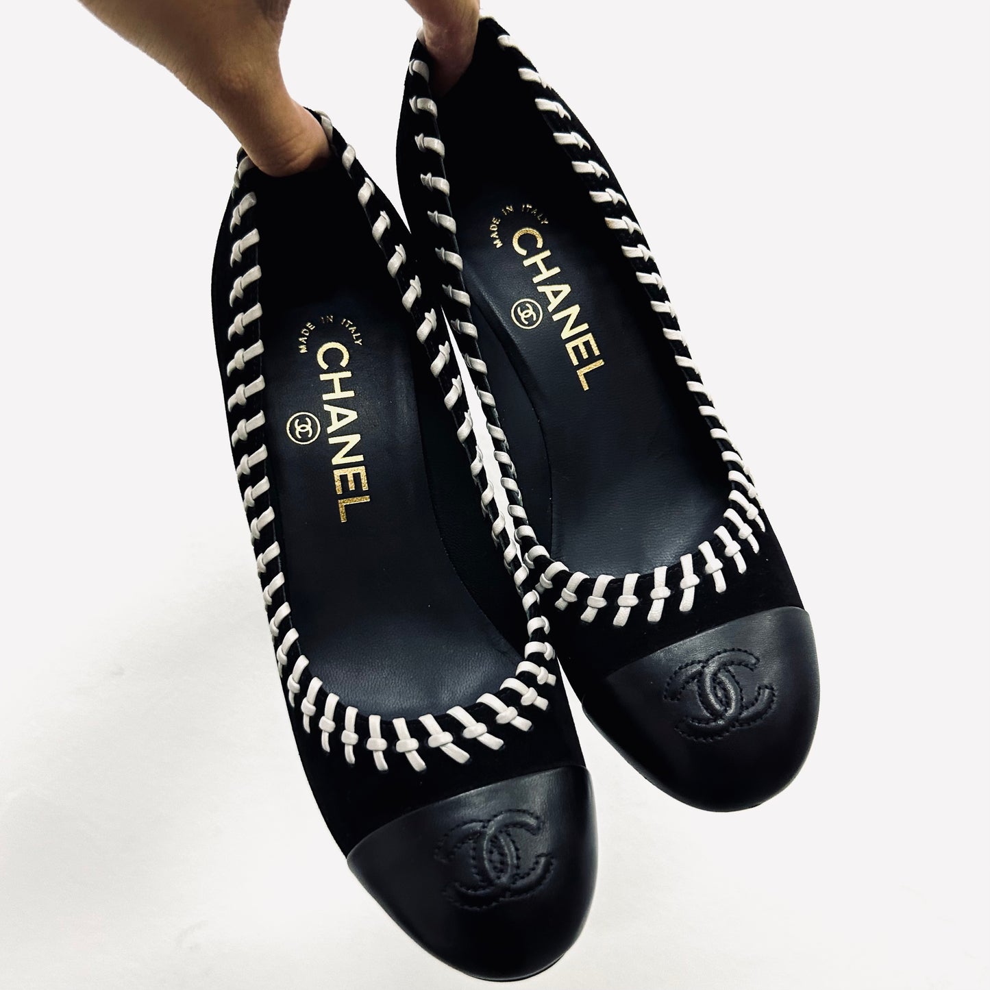 Chanel Classic Giant CC Logo Black Whipstitch Suede & Lambskin Leather Closed Toe Bow Ballet Ballerina Mules Heels Pumps Shoes