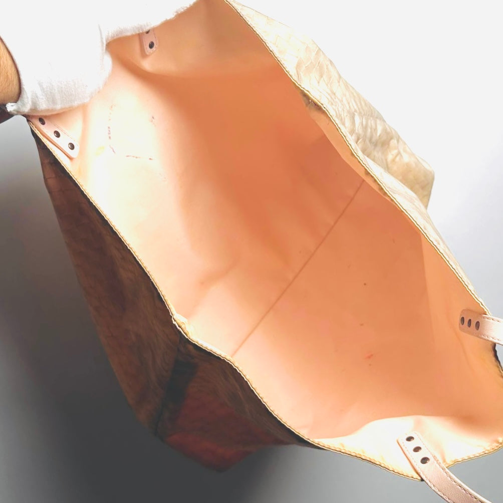 Bottega Veneta BV Cream Beige Intrecciato Intrecciomirage Printed Woven Fabric Shopper Shoulder Tote Bag