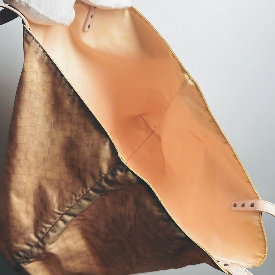 Bottega Veneta BV Cream Beige Intrecciato Intrecciomirage Printed Woven Fabric Shopper Shoulder Tote Bag