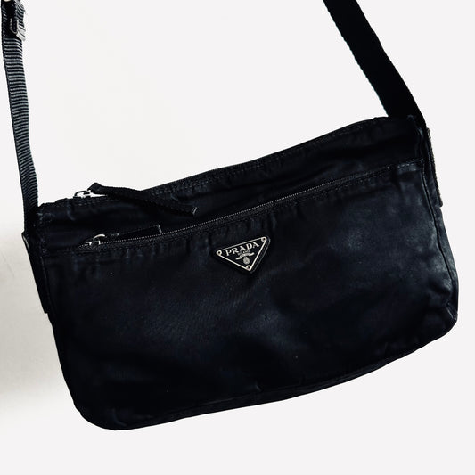 Prada Black Tessuto Vela Classic Logo Nylon & Leather Zip Shoulder Sling Bag