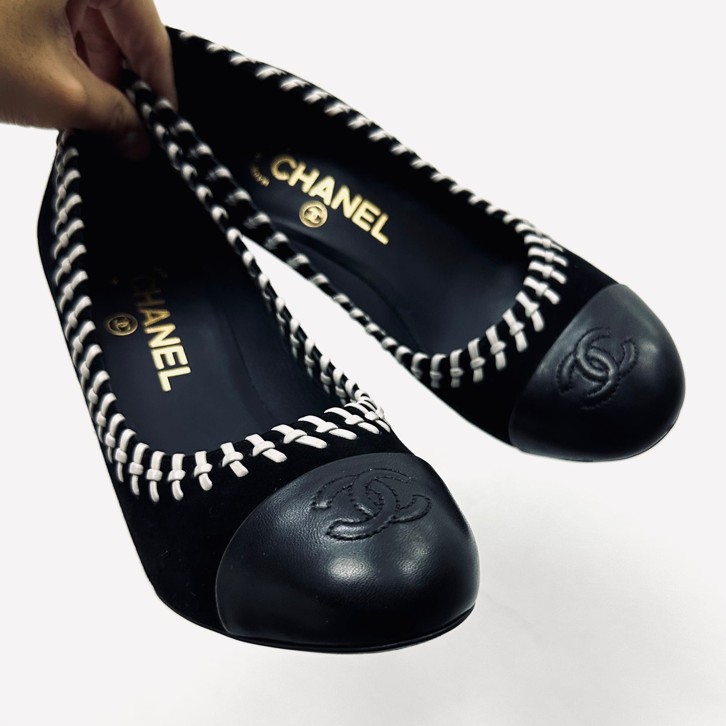 Chanel Classic Giant CC Logo Black Whipstitch Suede & Lambskin Leather Closed Toe Bow Ballet Ballerina Mules Heels Pumps Shoes