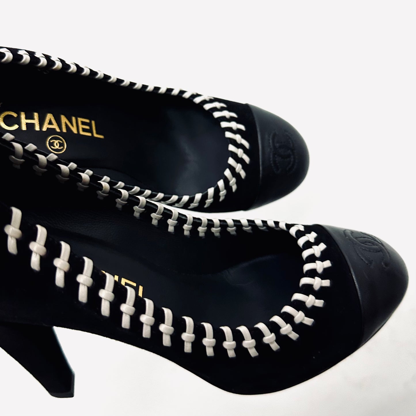 Chanel Classic Giant CC Logo Black Whipstitch Suede & Lambskin Leather Closed Toe Bow Ballet Ballerina Mules Heels Pumps Shoes