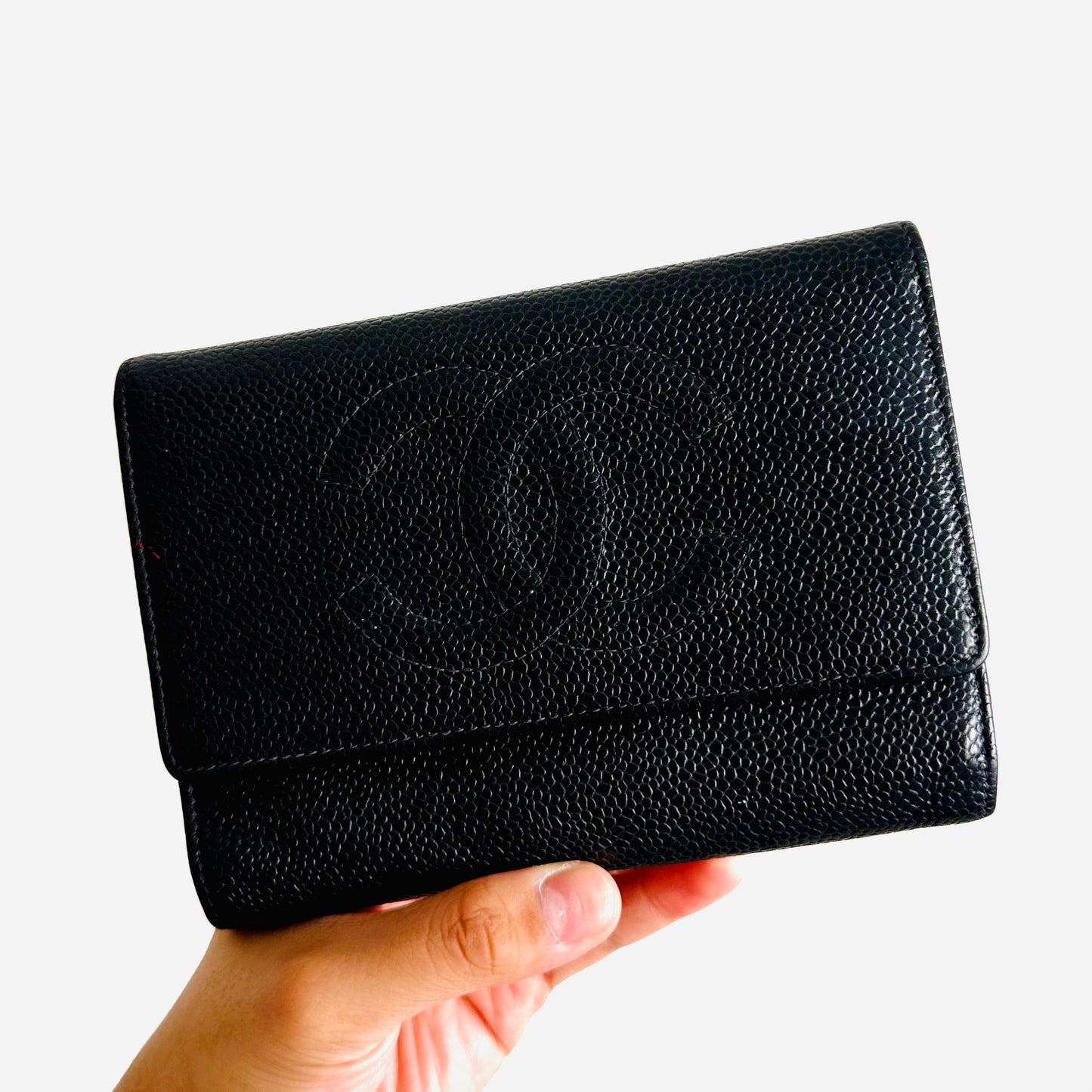 Chanel Black GHW Giant CC Monogram Logo Caviar Vintage Compact Trifold Flap Wallet 8s