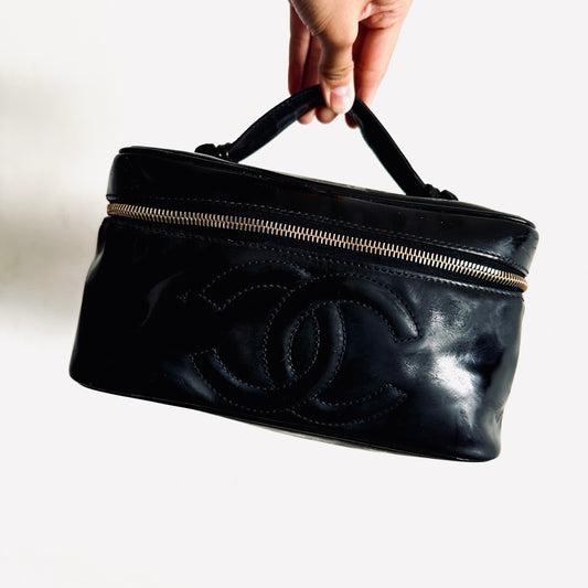 Chanel Black GHW Giant CC Logo Wide Horizontal Vanity Case Vintage Patent Leather Top Handle Bag 5s