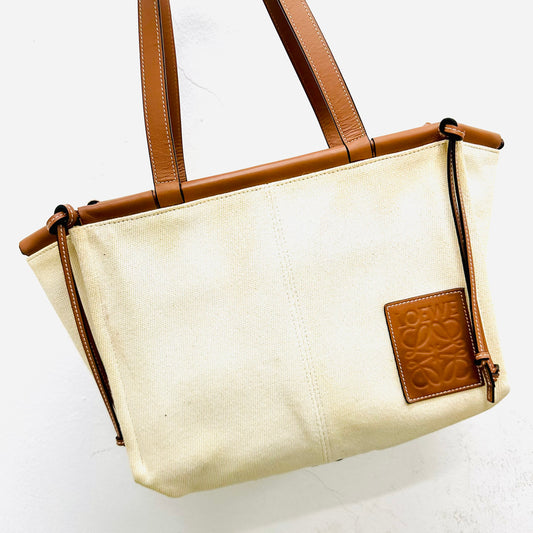 Loewe Tan / White Cushion Giant Monogram Logo Toile Canvas / Leather Shopper Shoulder Tote Bag