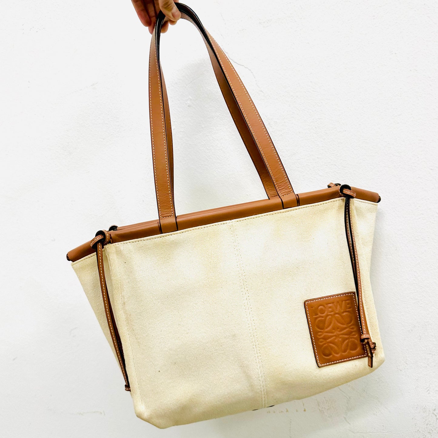 Loewe Tan / White Cushion Giant Monogram Logo Toile Canvas / Leather Shopper Shoulder Tote Bag