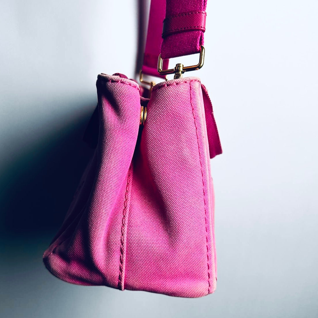 Prada Pink GHW Canapa Monogram Logo Small 2-Way Shopper Shoulder Sling Tote Bag