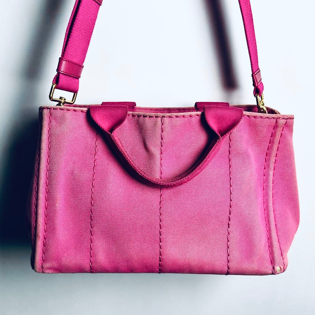 Prada Pink GHW Canapa Monogram Logo Small 2-Way Shopper Shoulder Sling Tote Bag